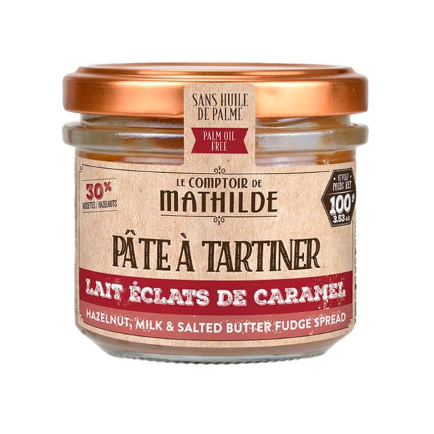Pâte à tartiner Lait Noisettes Eclats Caramel Beurre Salé 100g - Comptoir de Mathilde