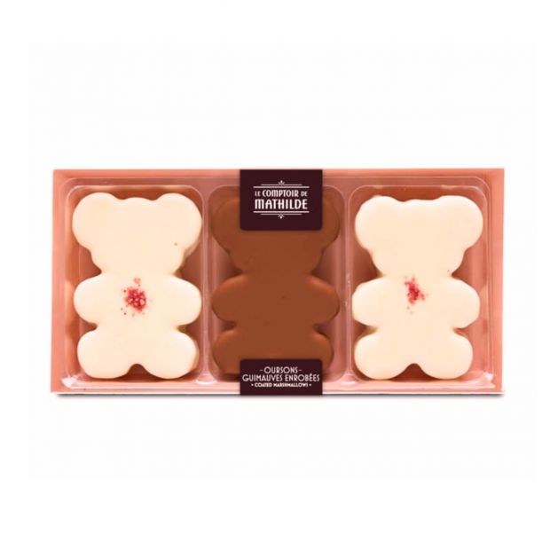 Coffret 3 oursons guimauves chocolat au lait & blanc framboise 90g - Le Comptoir de Mathilde