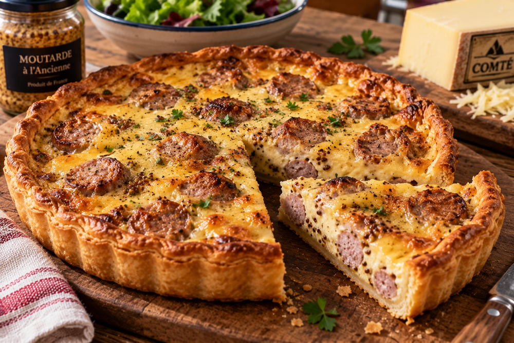 Tarte salée à la saucisse, à la moutarde et au comté