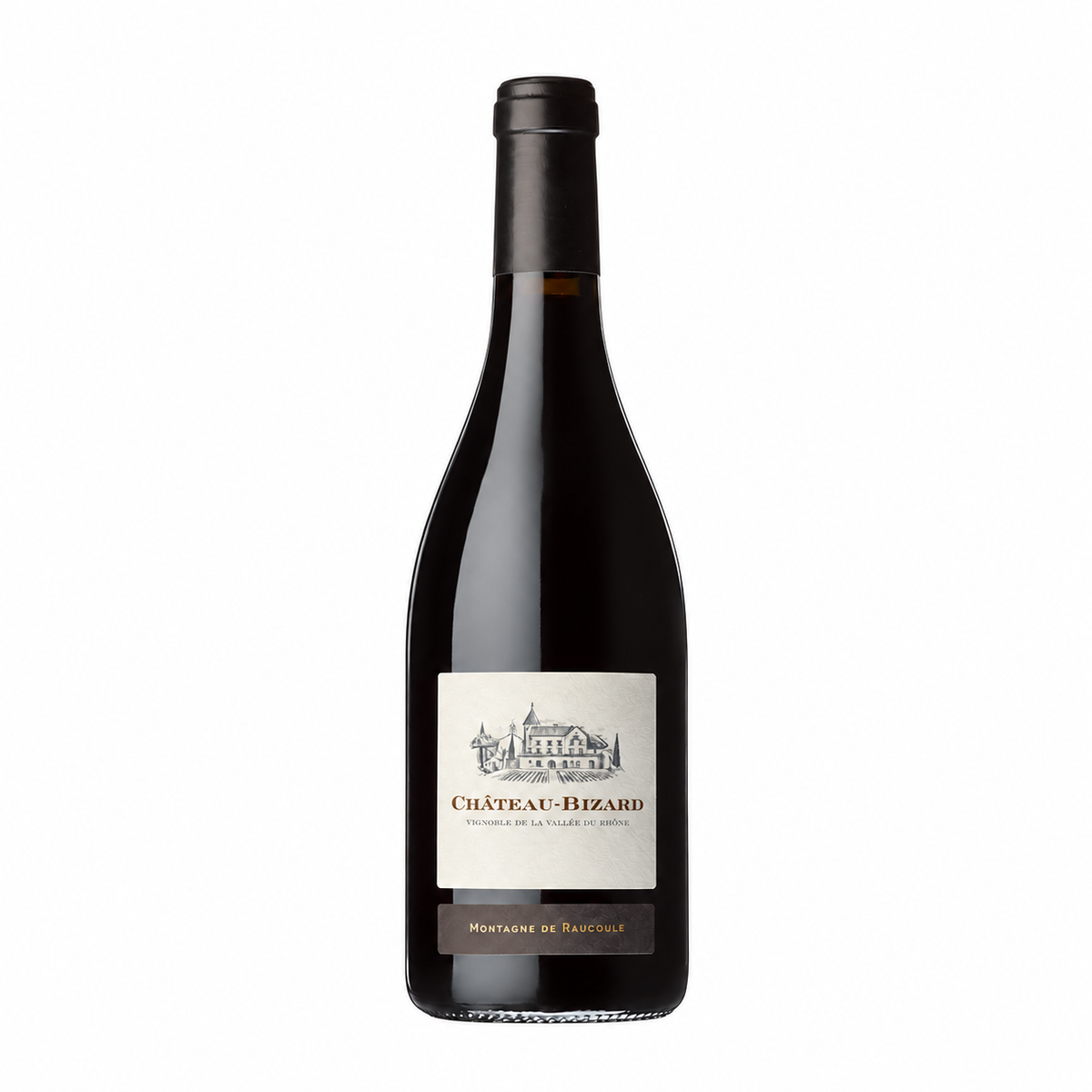 Château Bizard, Montagne de Raucoule : bouteille entière sur fond blanc uni.