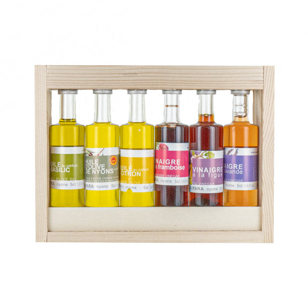 Coffret bois huiles et vinaigres 6x5cl