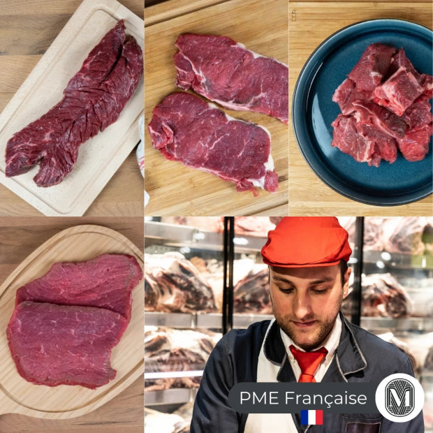 Colis viande de Boeuf Charolais : 2 faux filets, 2 onglets, 2 steaks, 1kg de bourguignon - environ 2,2kg